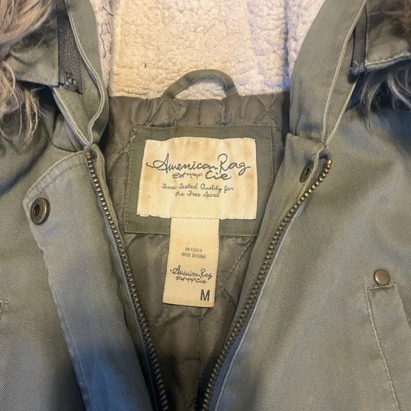 American Rag Olive Utility Jacket with Faux Fur Trim - Picture 2 of 5